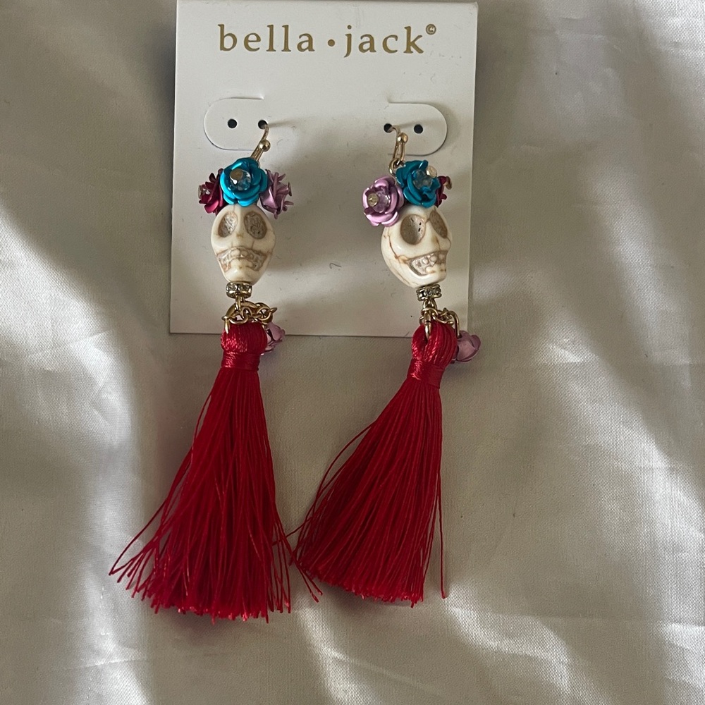Bella Jack Red Tassel Skull Earrings